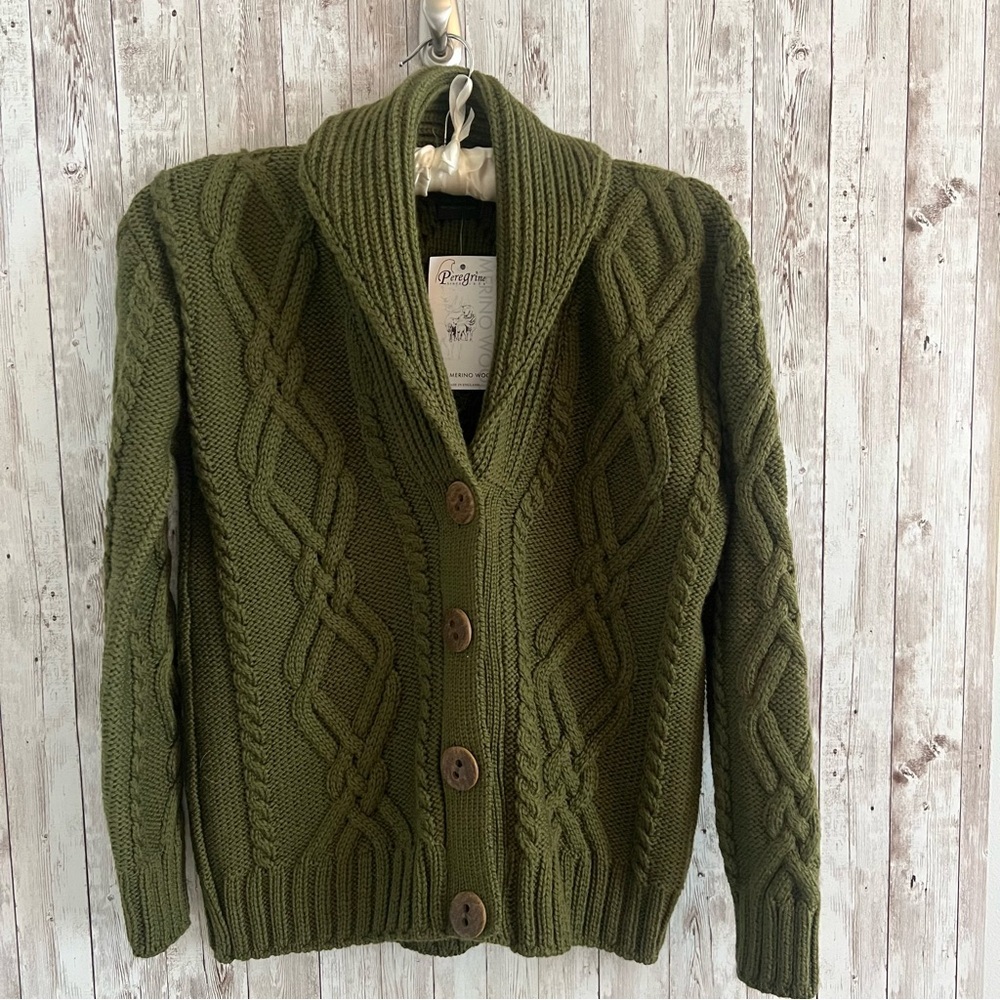 Peregrine Women's Wool Green Cable Knit Cardigan New Preppy Fisherman Medium